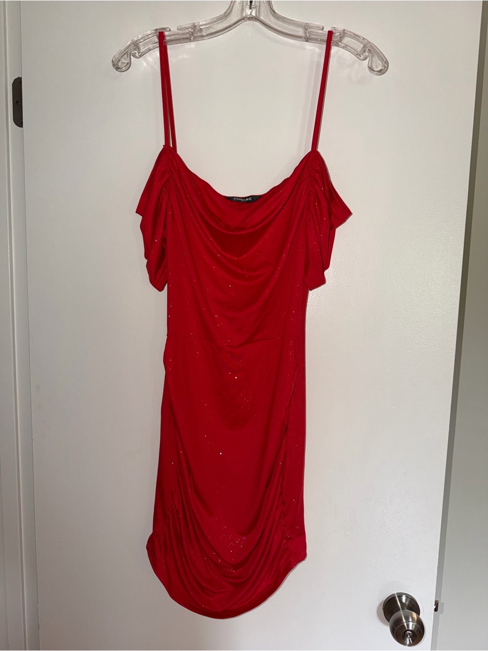 chic Red Off-Shoulder Ruched Mini Dress - Picture 3 of 5